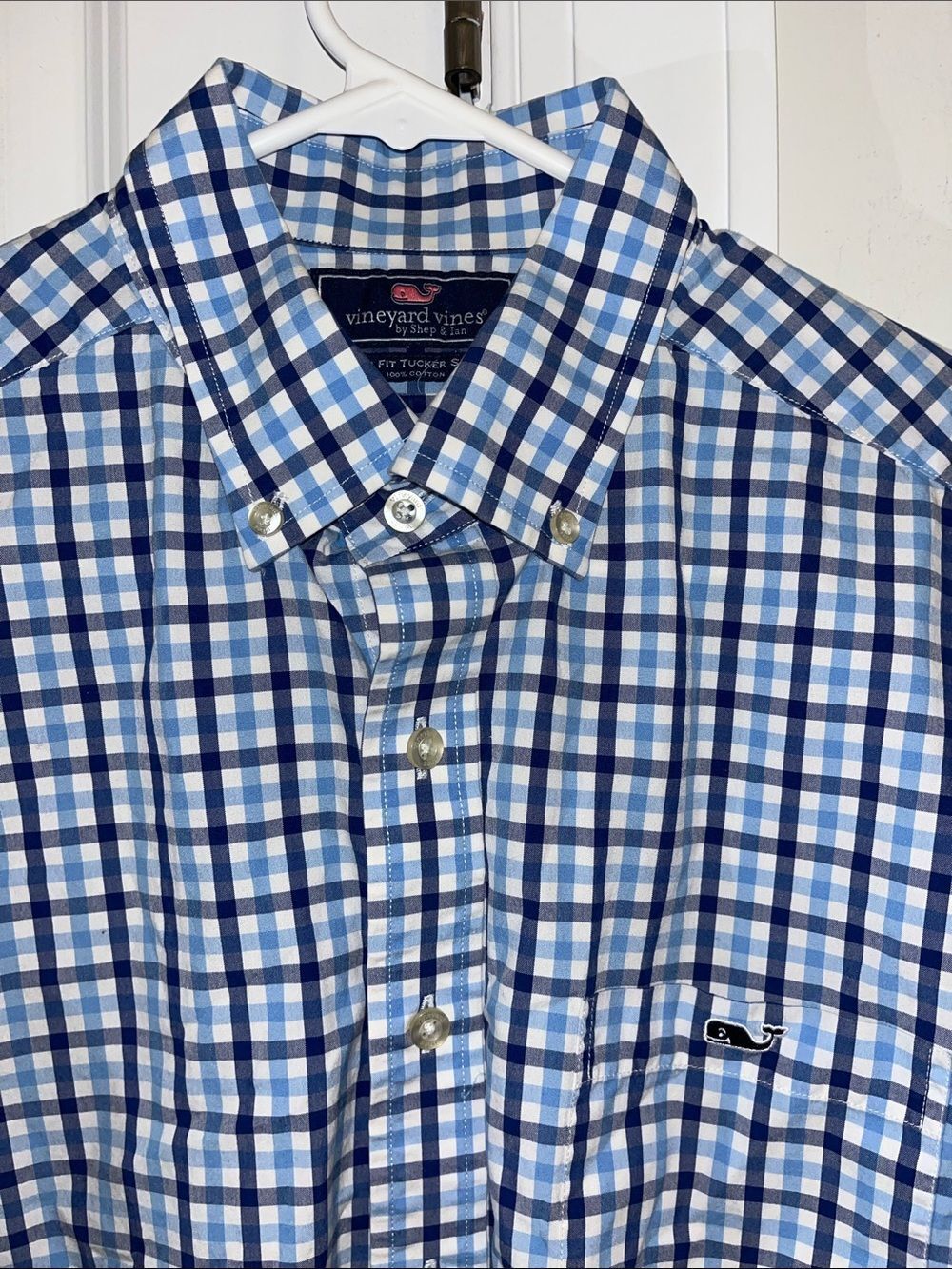Blue Check plaid Vineyard Vines Whale Pocket cotton shirt button down slim fit